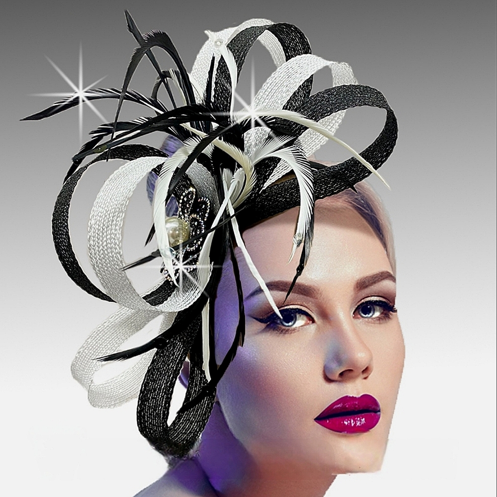 Beloved Millinery Gorgeous Black White Couture Fascinator Hat Jeweled Ribbons